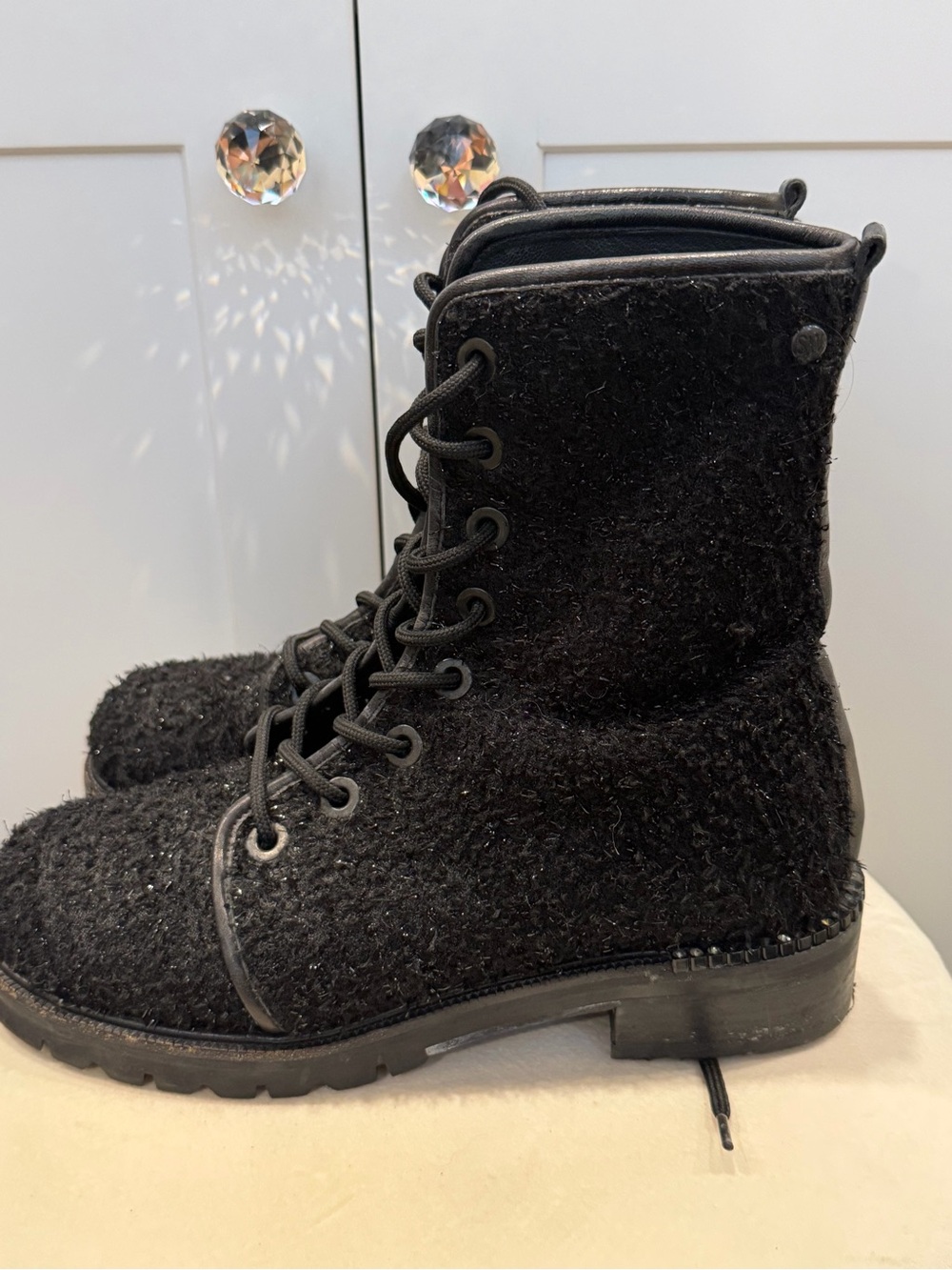 Stuart Weitzman Black Lace-Up Textured Combat Boots